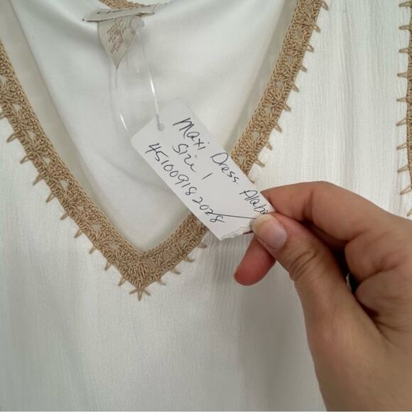 Chico's Grecian Goddess White Tan Crochet Tie Waist Sleeveless Maxi Dress 1 US 8 - Picture 5 of 7